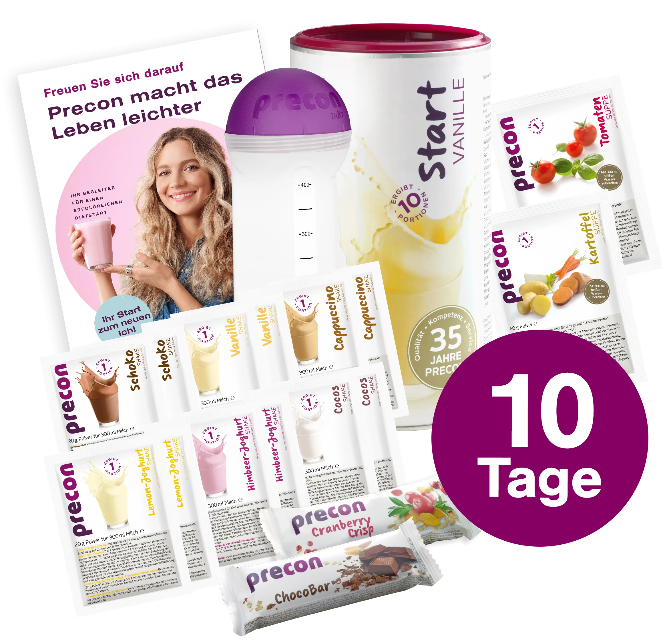 Einsteiger-Startpaket für 10 Tage. Inbegriffen sind ein Shaker, 12x Shake Einzelportionen in allen Geschmacksrichtungen, 1x ChocoBar und 1x CranberryCrisp Riegel, 1x Start Shake Vanille und 1x Kartoffel- und 1x Tomatensuppen. Inkl. Handbuch